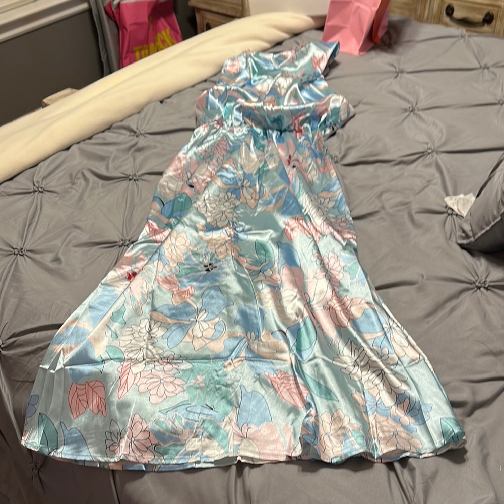 Floral Satin Maxi Dress in Blue and Pink